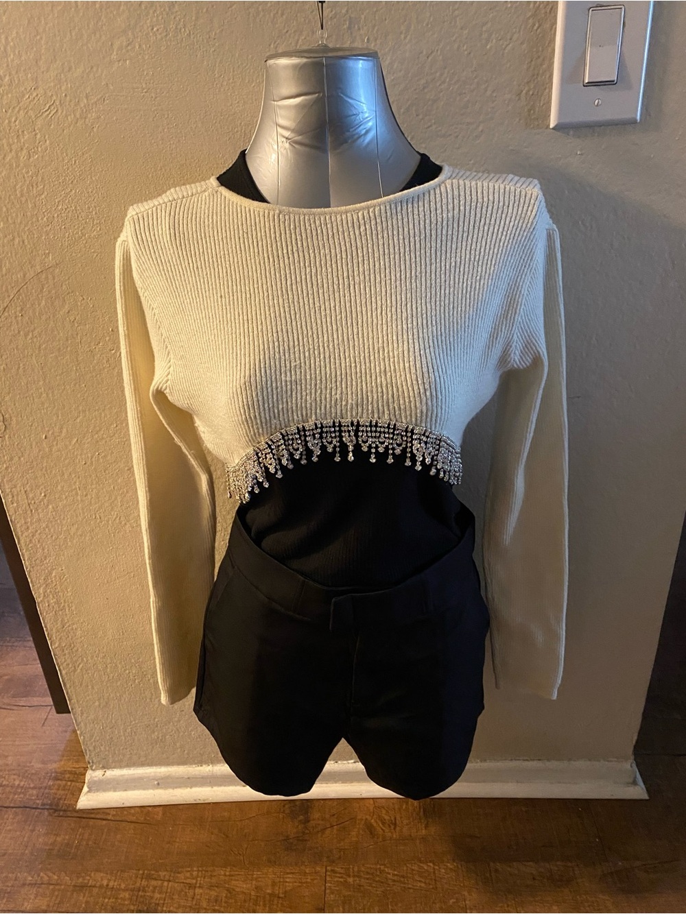 Ivory Cropped Ribbed Sweater with Beaded Fringe